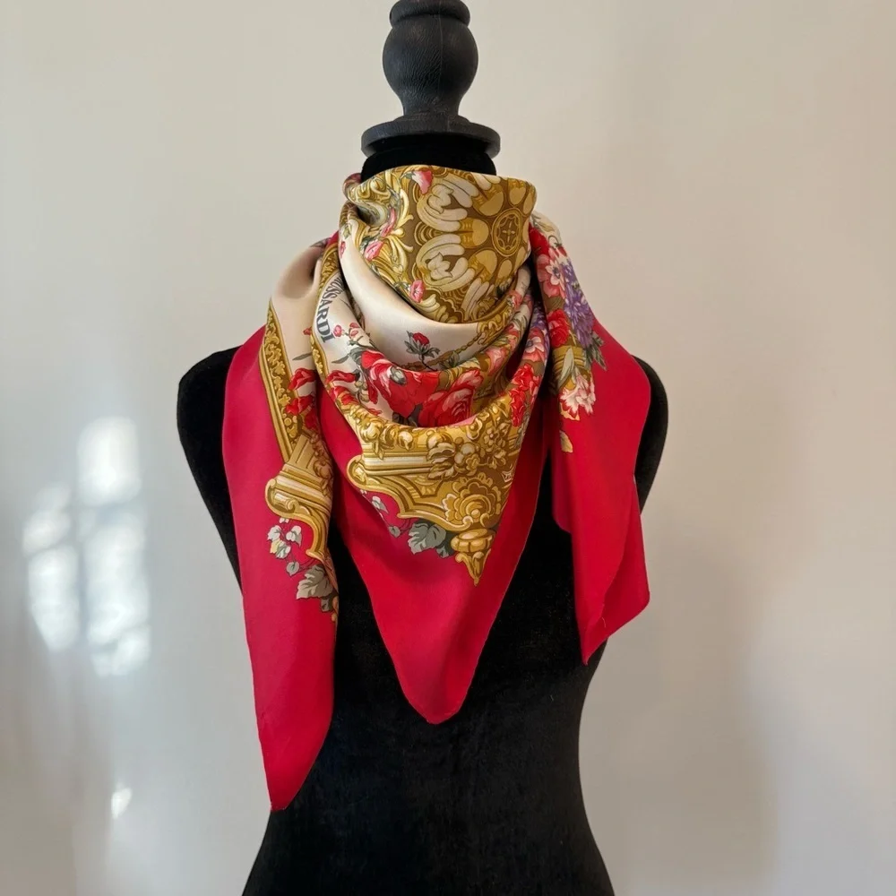 Trussardi Red and Gold Ornate Floral Scarf